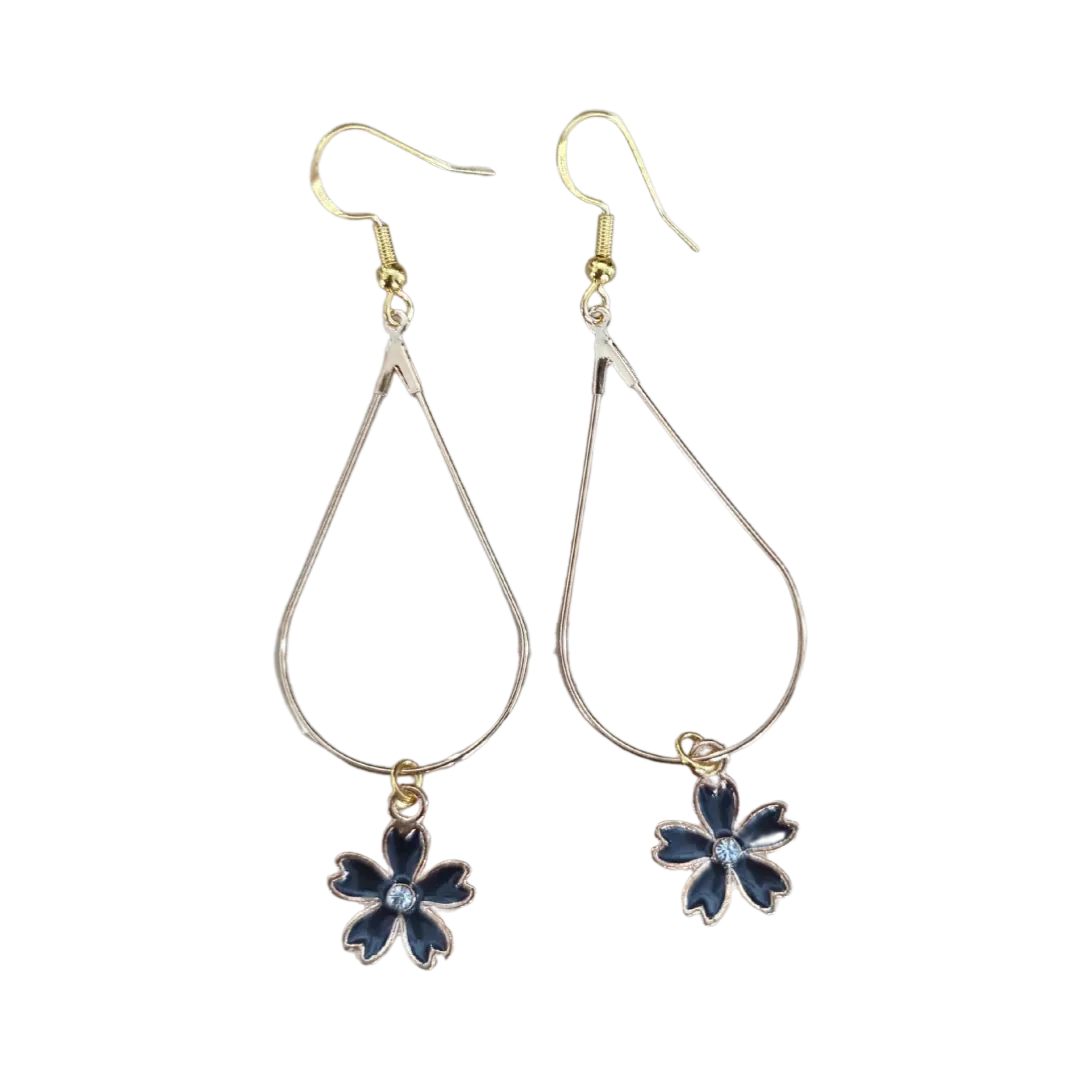 Earrings - Gold tear drop flower charm on silver hook