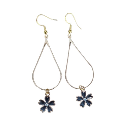 Earrings - Gold tear drop flower charm on silver hook