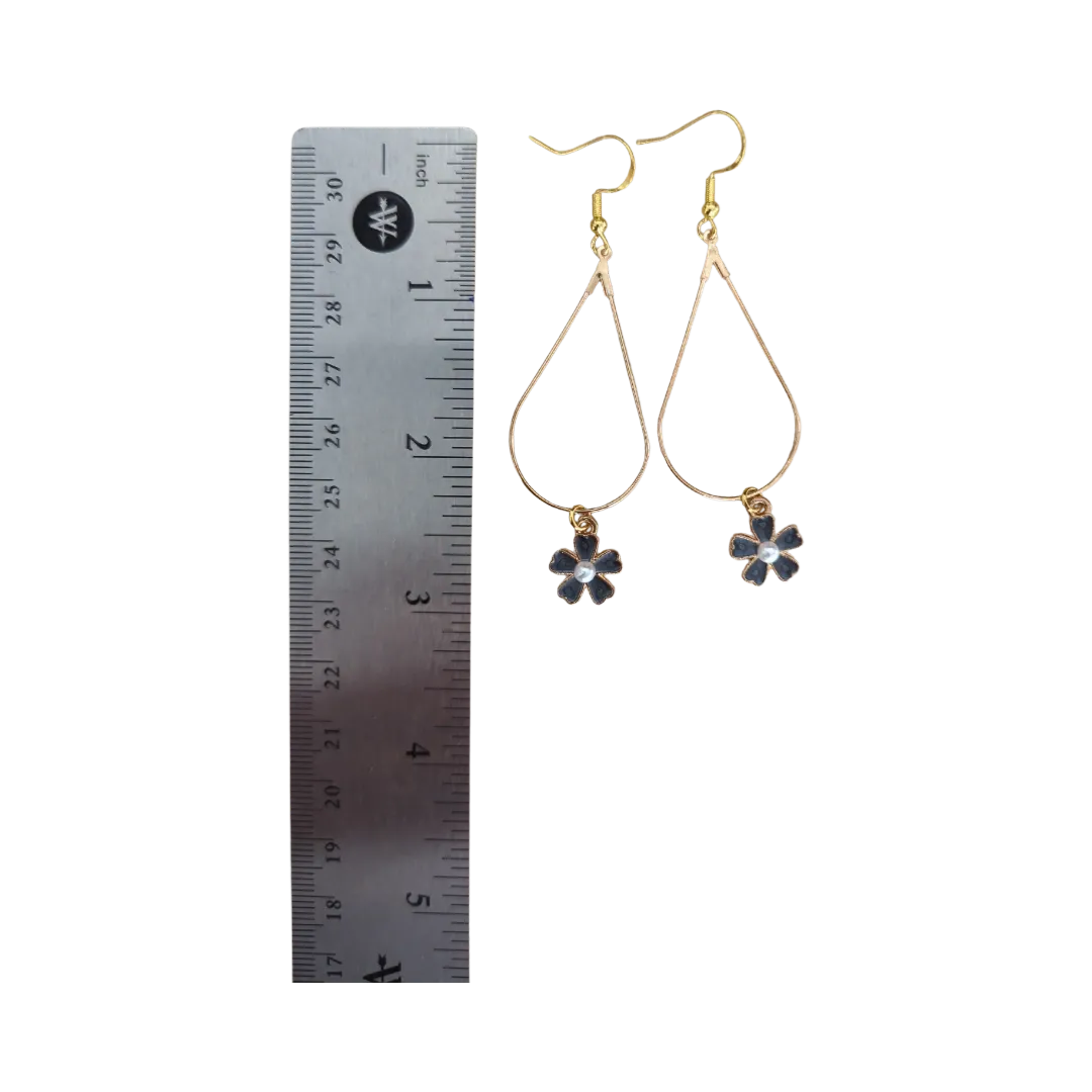 Earrings - Gold tear drop flower charm on silver hook