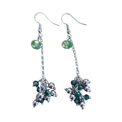 Earrings - Green and silver beads on silver chain silver hook