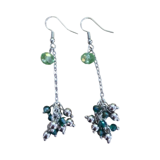 Earrings - Green and silver beads on silver chain silver hook