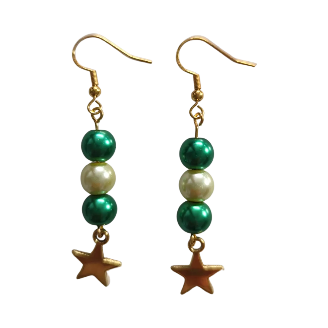 Earrings - Green and yellow pearl beads with gold star on gold hook