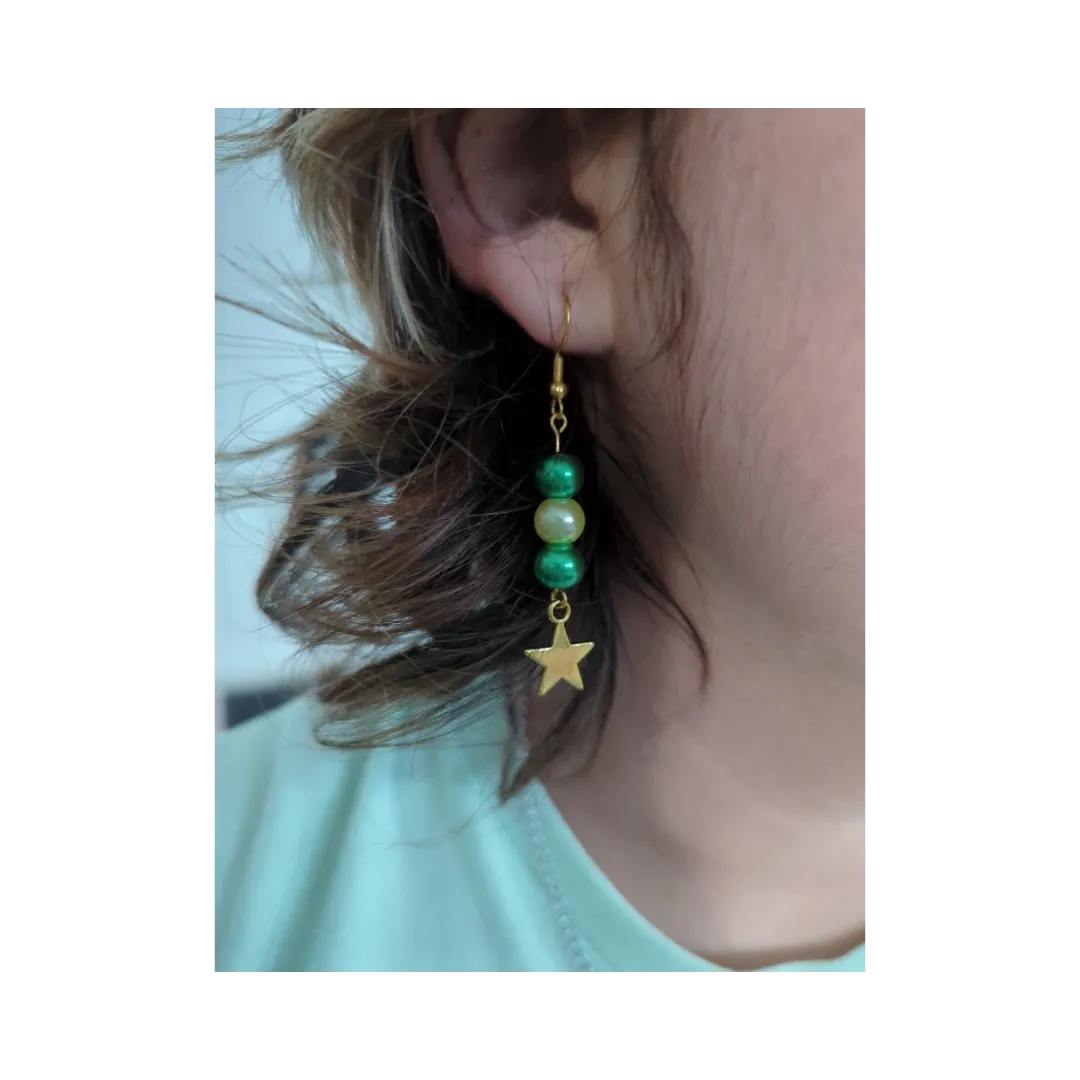 Earrings - Green and yellow pearl beads with gold star on gold hook