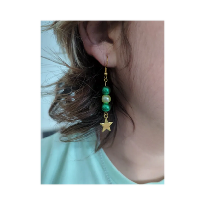 Earrings - Green and yellow pearl beads with gold star on gold hook