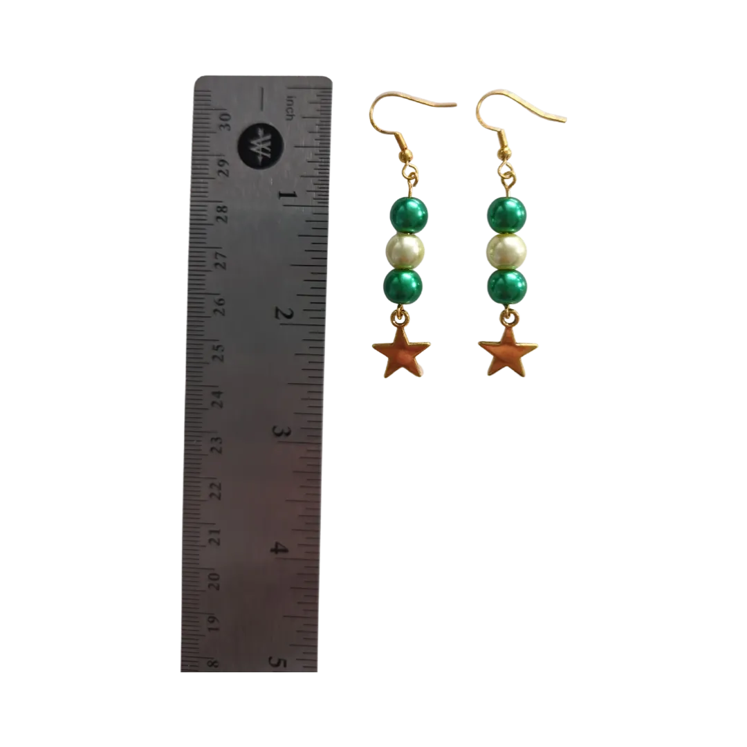 Earrings - Green and yellow pearl beads with gold star on gold hook