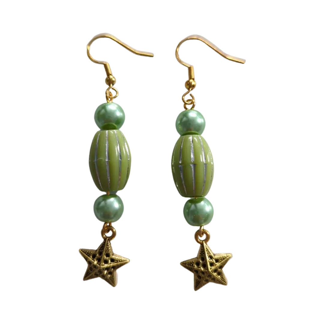 Earrings - Green beads with gold star on gold hook