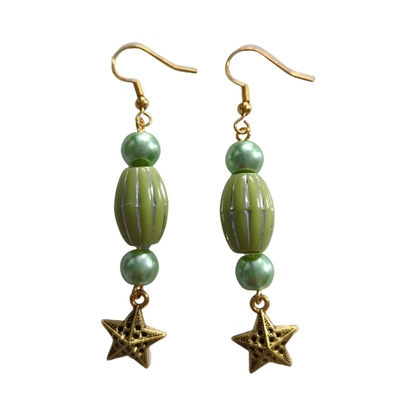 Earrings - Green beads with gold star on gold hook