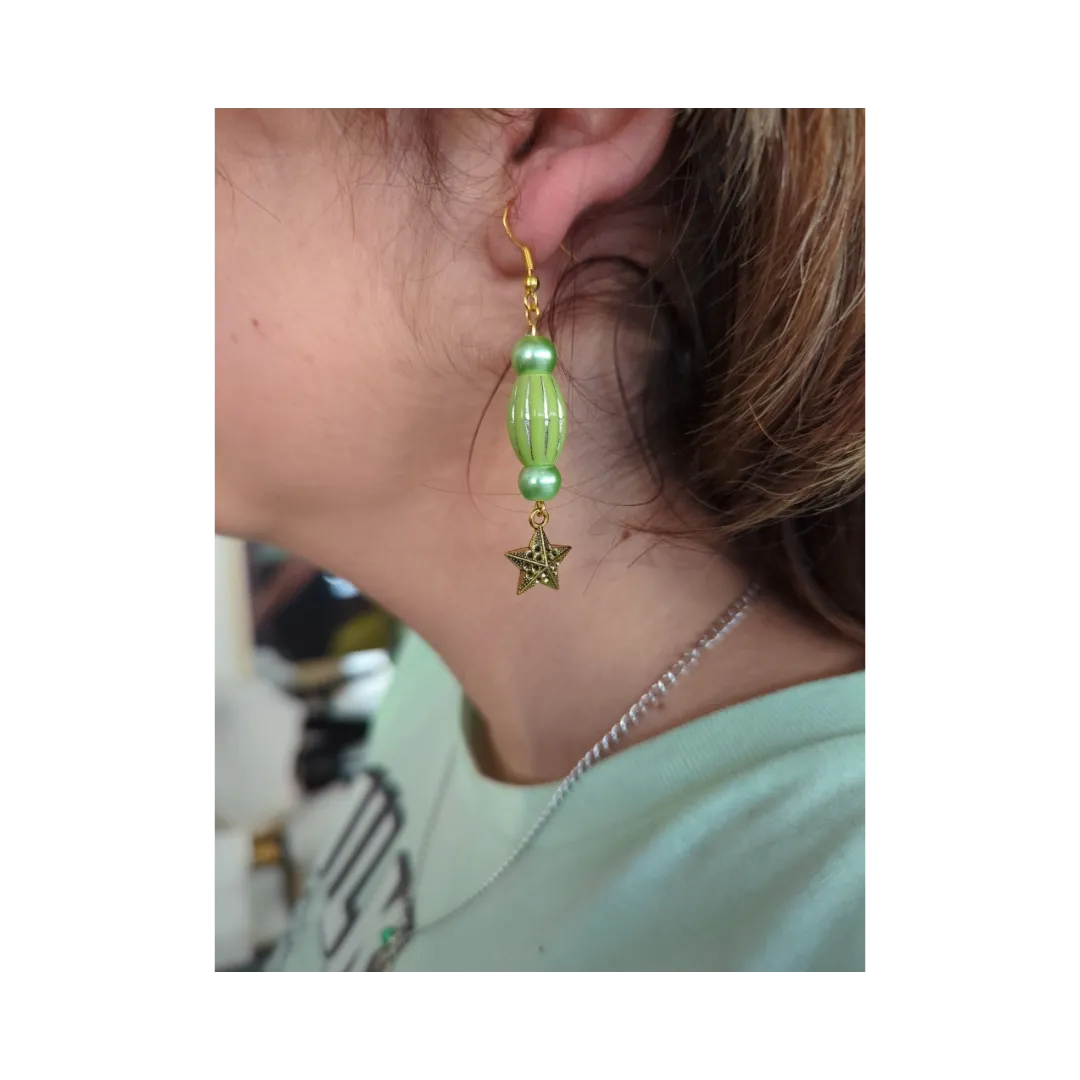 Earrings - Green beads with gold star on gold hook