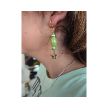 Earrings - Green beads with gold star on gold hook