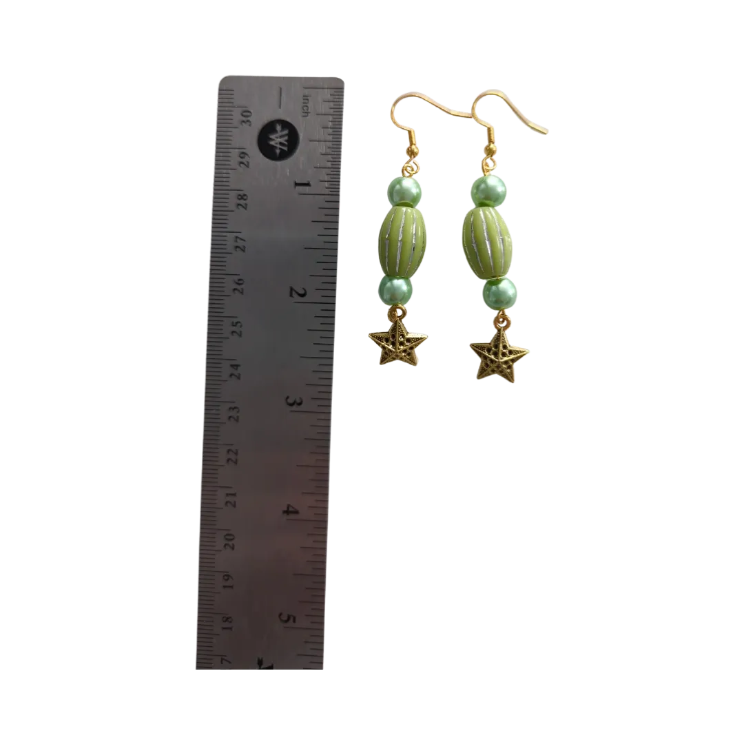 Earrings - Green beads with gold star on gold hook