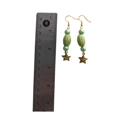 Earrings - Green beads with gold star on gold hook