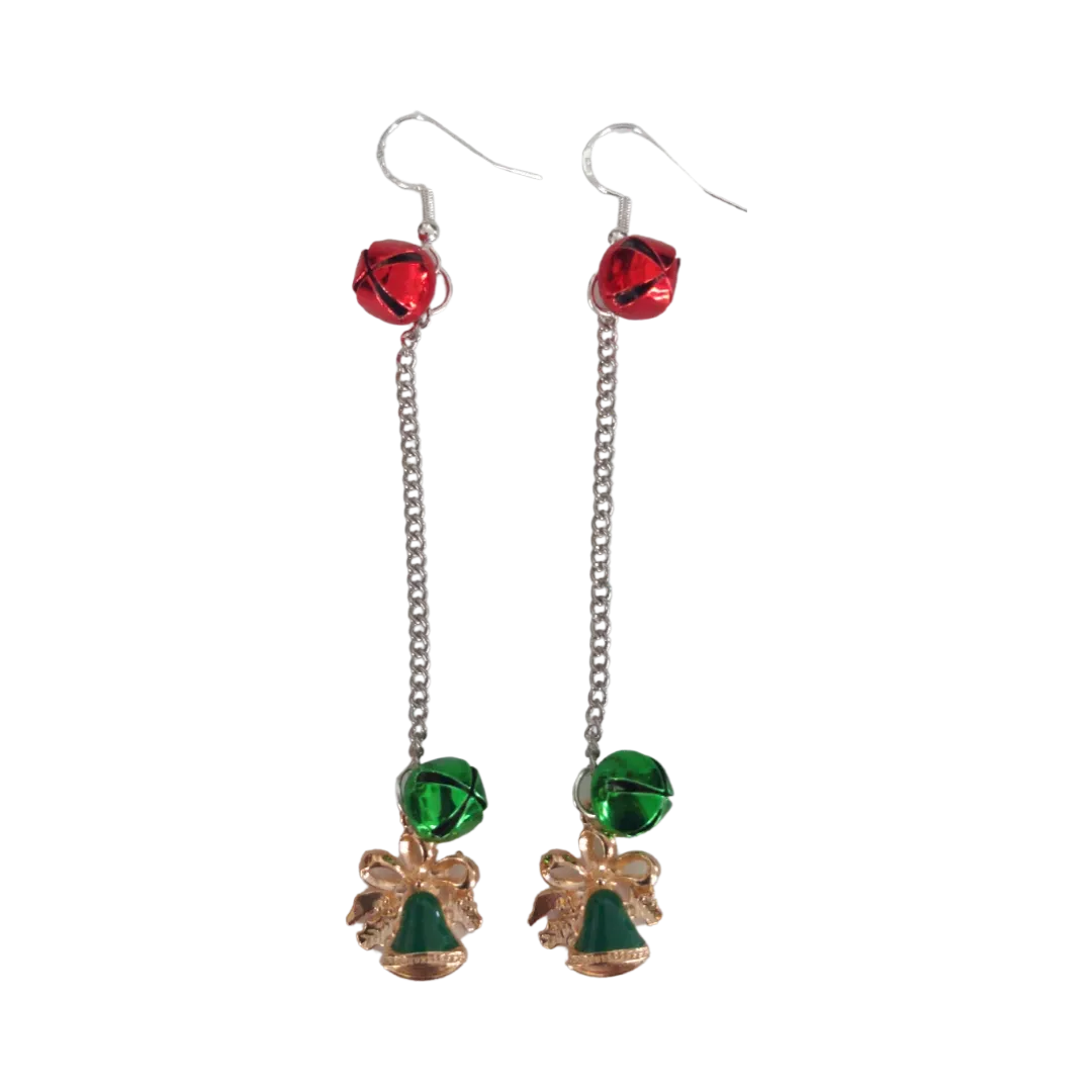 Earrings - Green Christmas Bell with Two Jingle Bells on Silver Chain Drop Hook