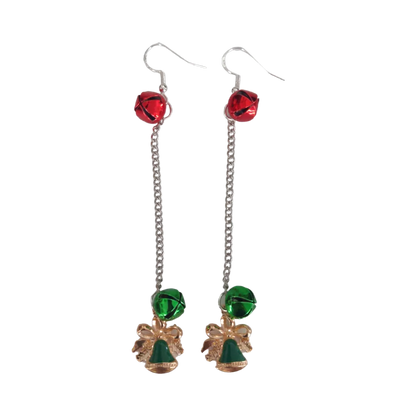 Earrings - Green Christmas Bell with Two Jingle Bells on Silver Chain Drop Hook