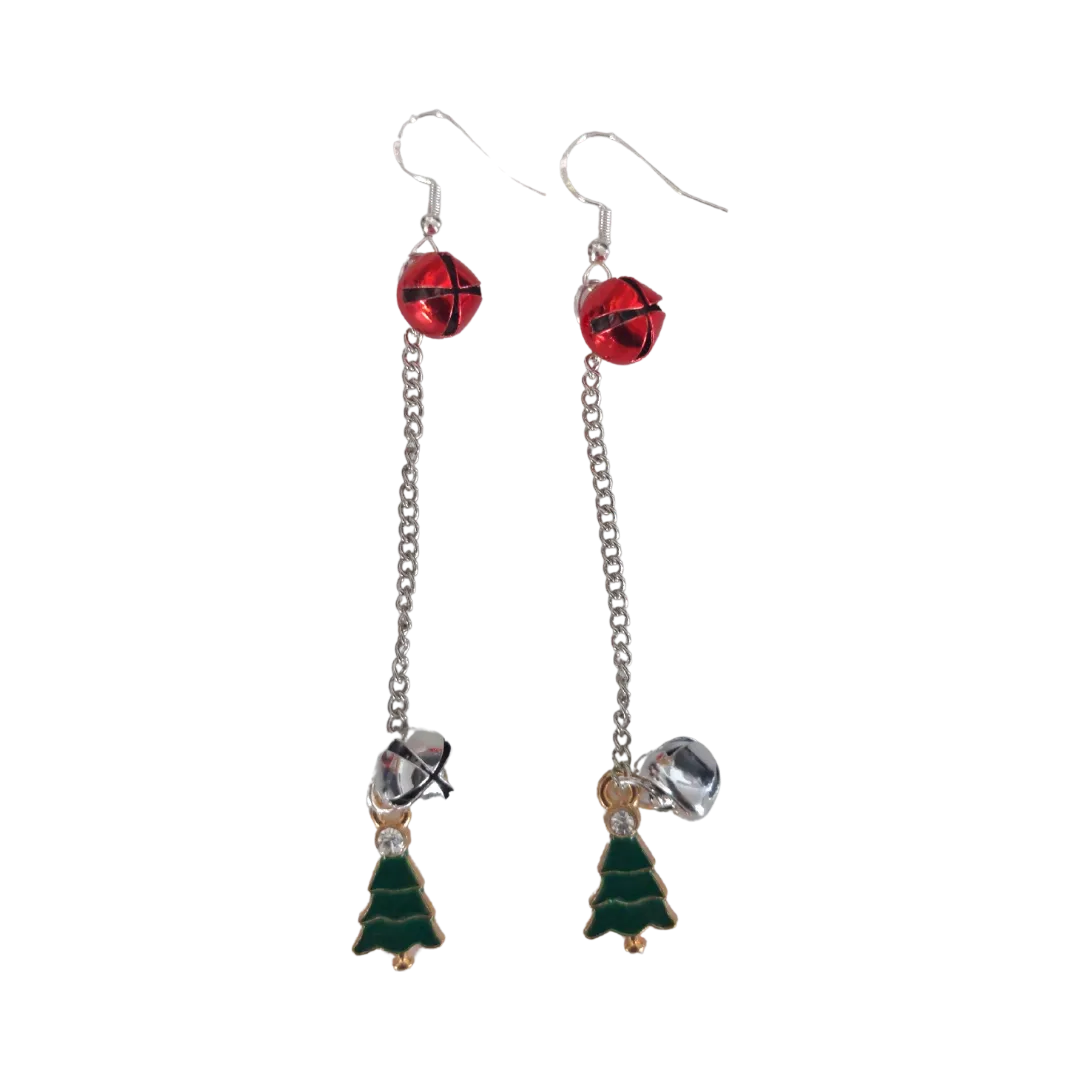 Earrings - Green Christmas Tree with Two Jingle Bells on Silver Chain Drop Hook