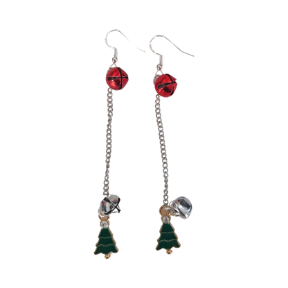 Earrings - Green Christmas Tree with Two Jingle Bells on Silver Chain Drop Hook