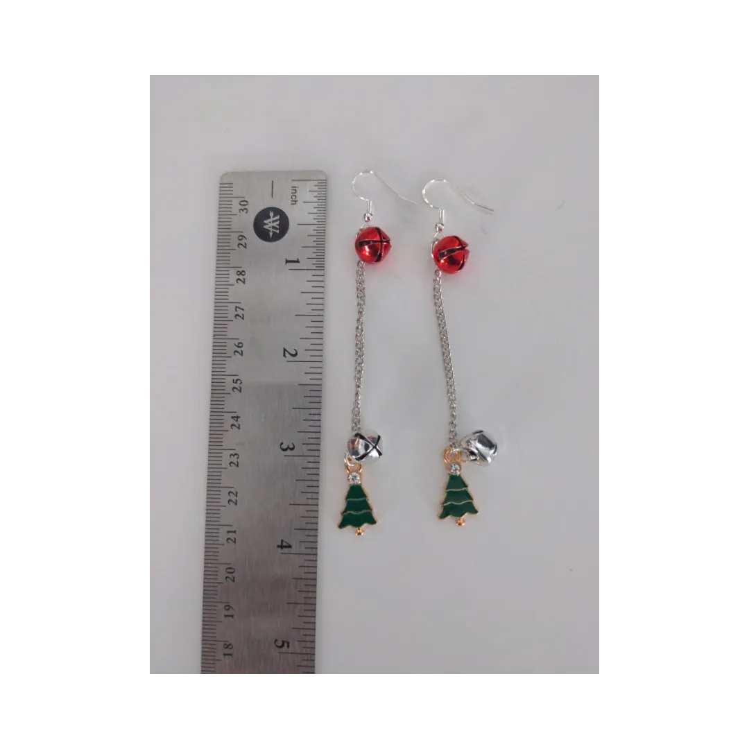 Earrings - Green Christmas Tree with Two Jingle Bells on Silver Chain Drop Hook