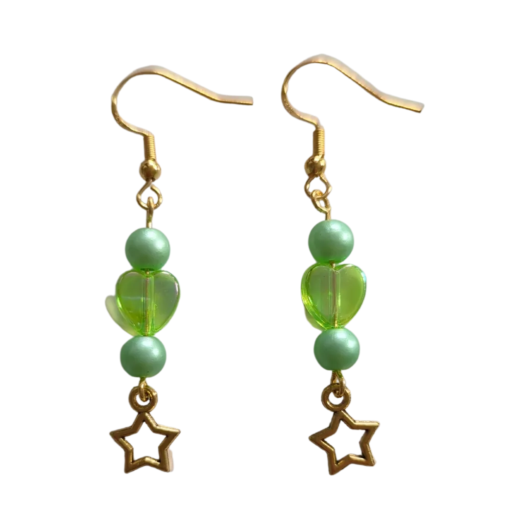 Earrings - Green pearl and heart beads with gold star on gold hook