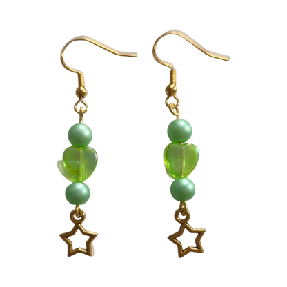 Earrings - Green pearl and heart beads with gold star on gold hook