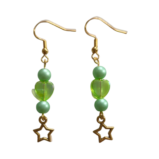 Earrings - Green pearl and heart beads with gold star on gold hook