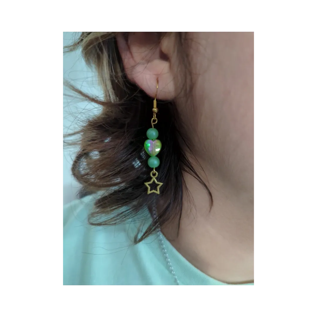 Earrings - Green pearl and heart beads with gold star on gold hook