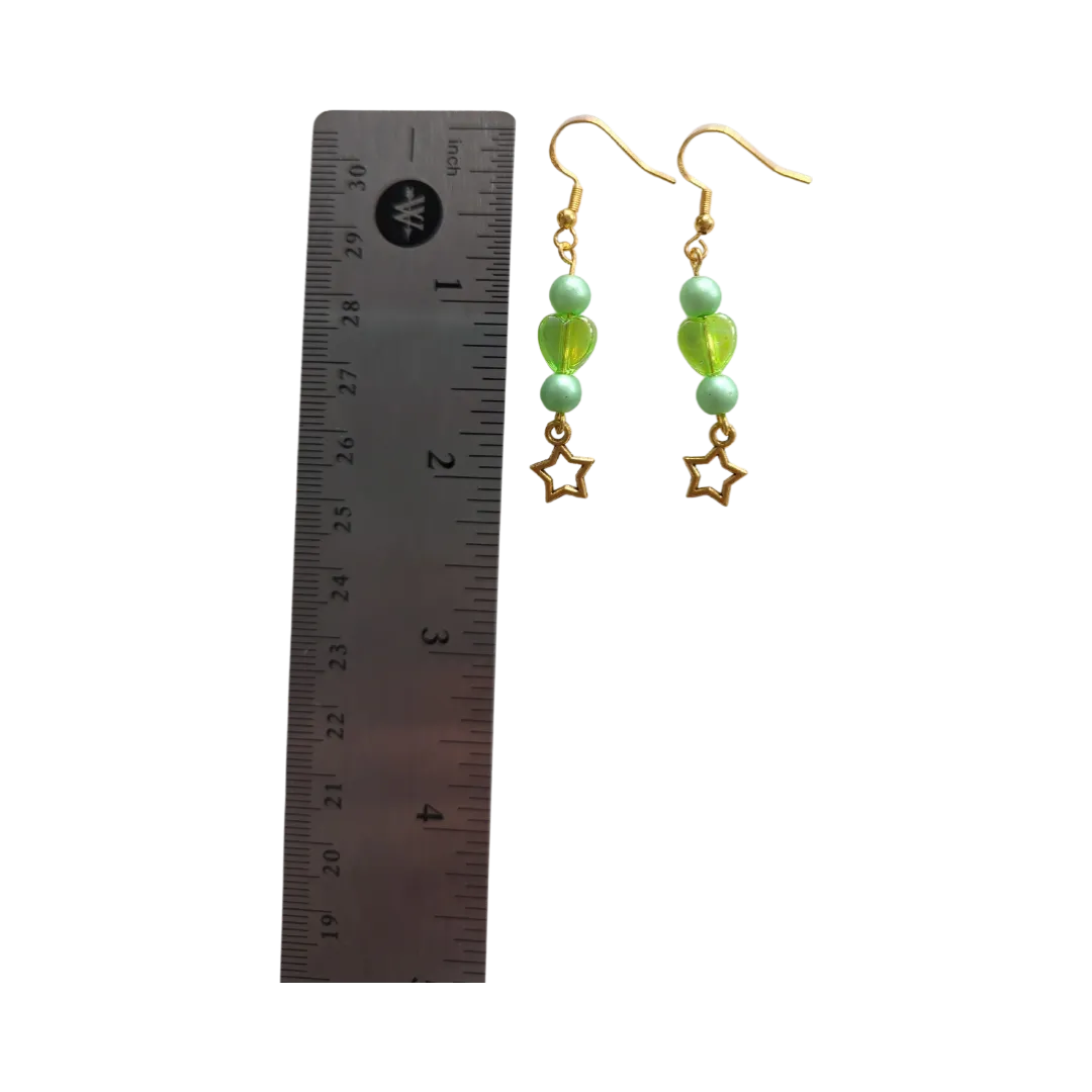 Earrings - Green pearl and heart beads with gold star on gold hook