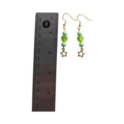 Earrings - Green pearl and heart beads with gold star on gold hook