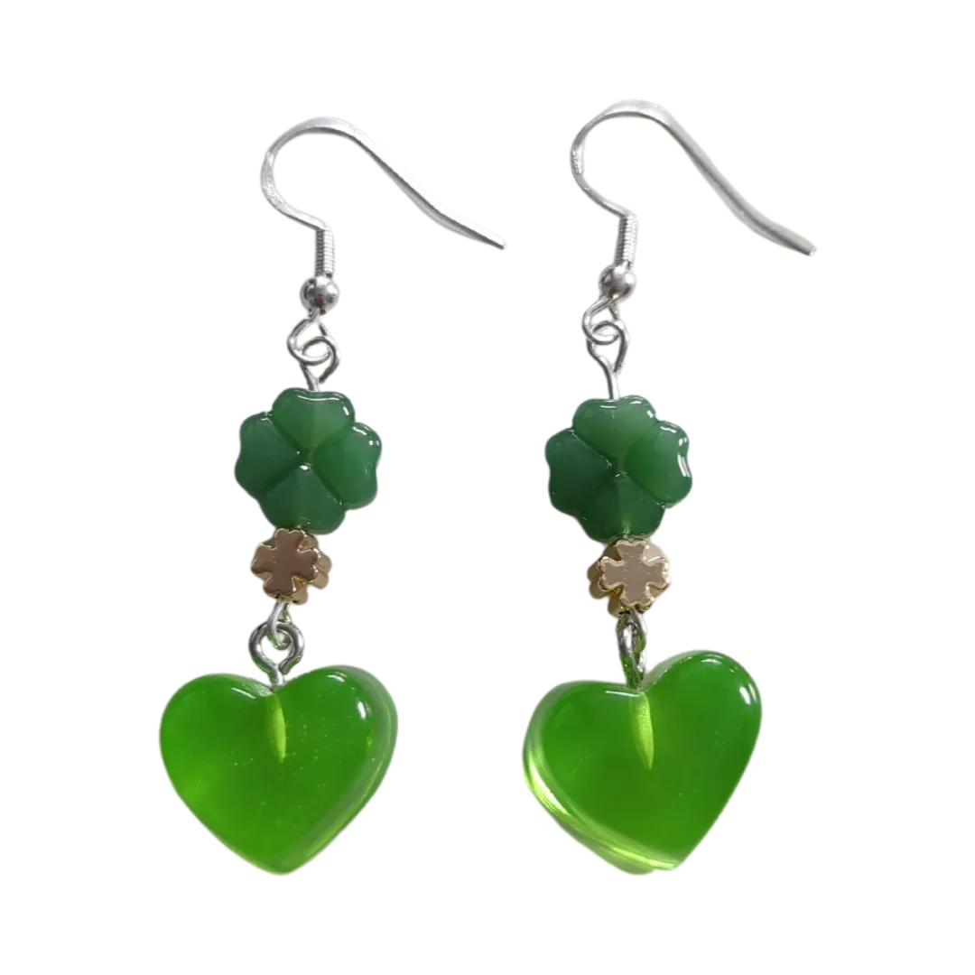 Earrings - Green Shamrock Clover Imitation Jade Glass Beads and 18K Gold Four Leaf Clover Spacer Beads 5x5 mm Metal and green gummy heart on silver hook