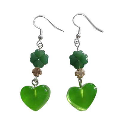 Earrings - Green Shamrock Clover Imitation Jade Glass Beads and 18K Gold Four Leaf Clover Spacer Beads 5x5 mm Metal and green gummy heart on silver hook