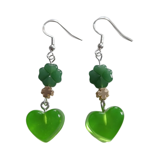 Earrings - Green Shamrock Clover Imitation Jade Glass Beads and 18K Gold Four Leaf Clover Spacer Beads 5x5 mm Metal and green gummy heart on silver hook