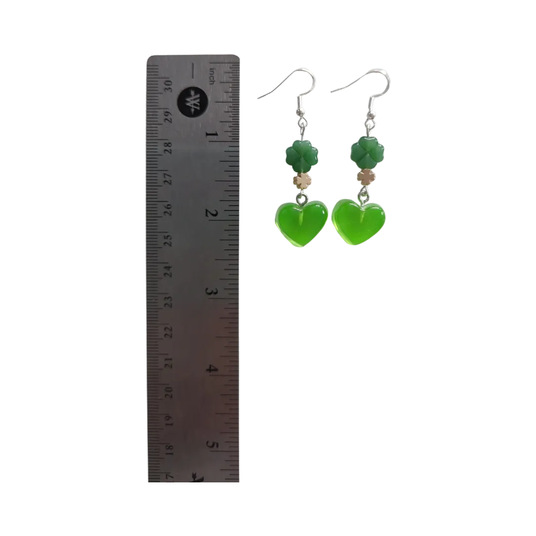 Earrings - Green Shamrock Clover Imitation Jade Glass Beads and 18K Gold Four Leaf Clover Spacer Beads 5x5 mm Metal and green gummy heart on silver hook