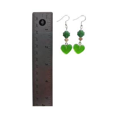 Earrings - Green Shamrock Clover Imitation Jade Glass Beads and 18K Gold Four Leaf Clover Spacer Beads 5x5 mm Metal and green gummy heart on silver hook