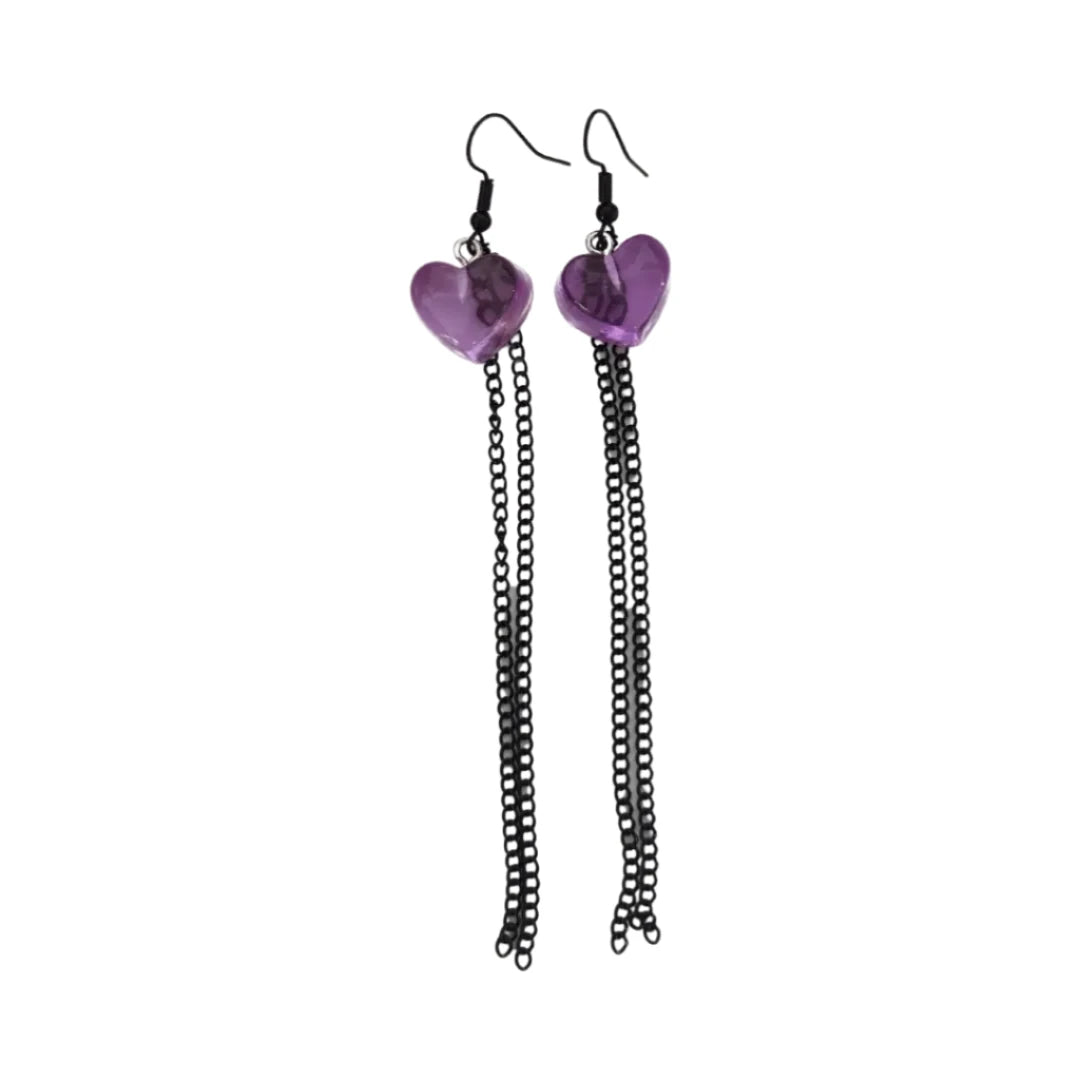 Earrings - Gummy heart with black chains on black hook