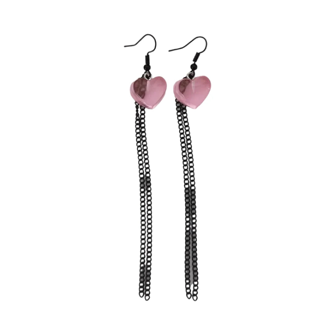 Earrings - Gummy heart with black chains on black hook