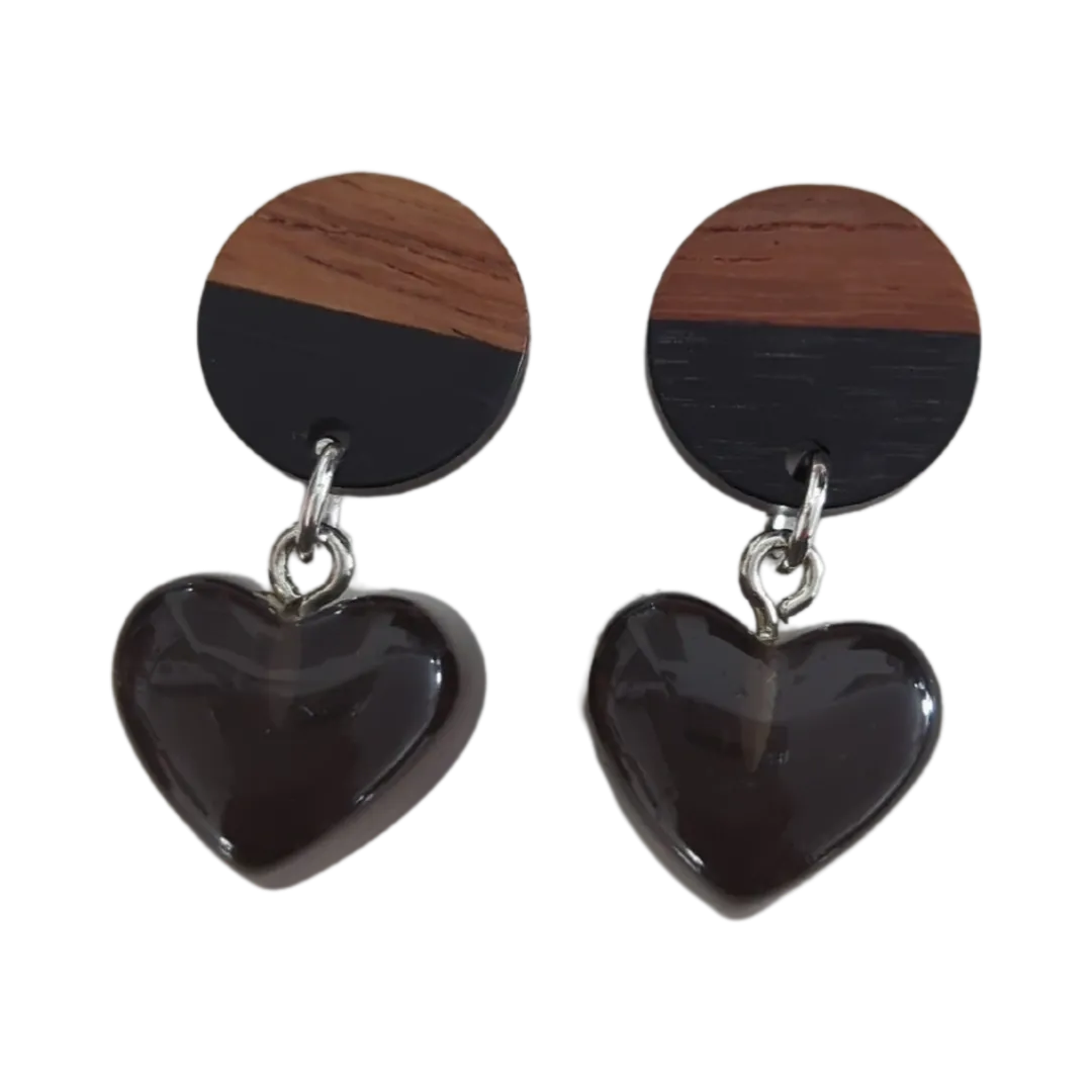 Earrings - Half Resin Walnut Wood Post Stud Earrings Geometric Natural Wooden Circle with Gummy Heart Charm