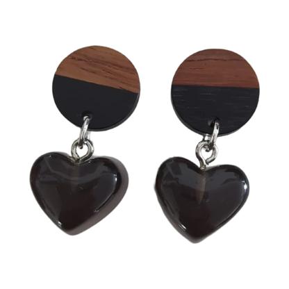 Earrings - Half Resin Walnut Wood Post Stud Earrings Geometric Natural Wooden Circle with Gummy Heart Charm