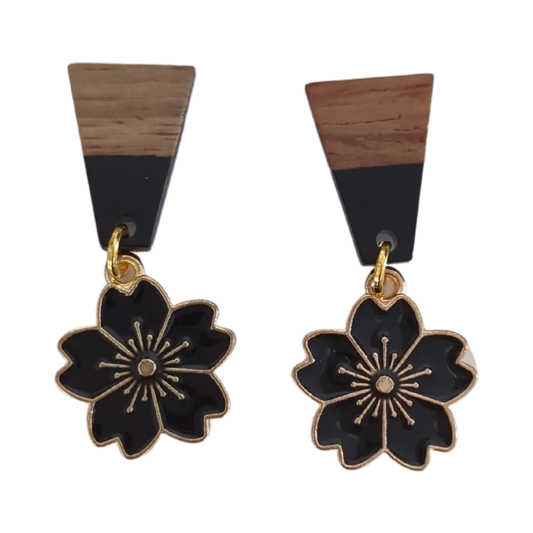 Earrings - Half Resin Walnut Wood Post Stud Earrings Geometric Natural Wooden Trapezoid with gold plated black flower