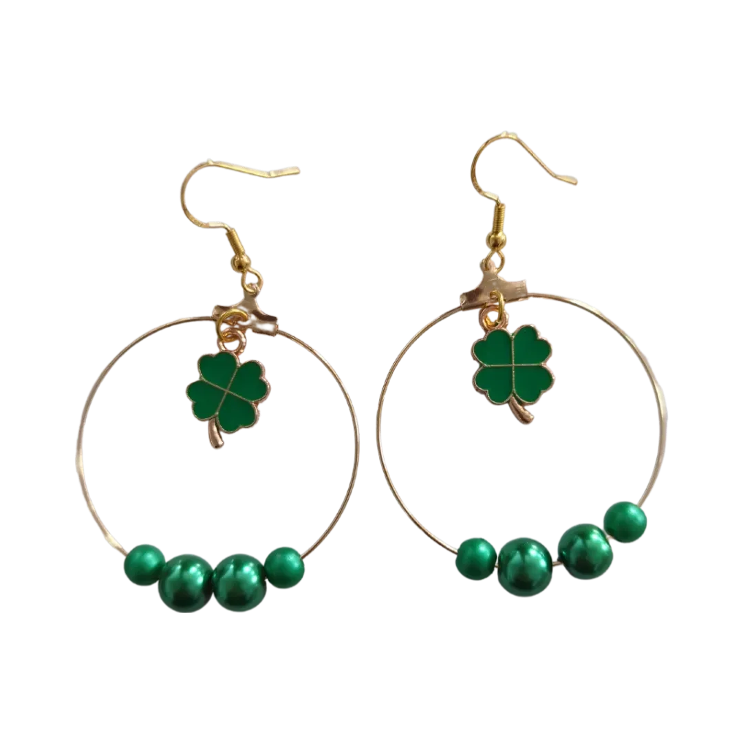 Earrings - Hoops with four leaf clover and green beads on gold hook