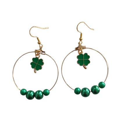 Earrings - Hoops with four leaf clover and green beads on gold hook