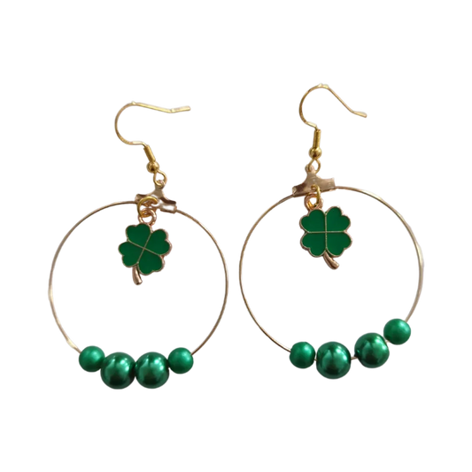 Earrings - Hoops with four leaf clover and green beads on gold hook