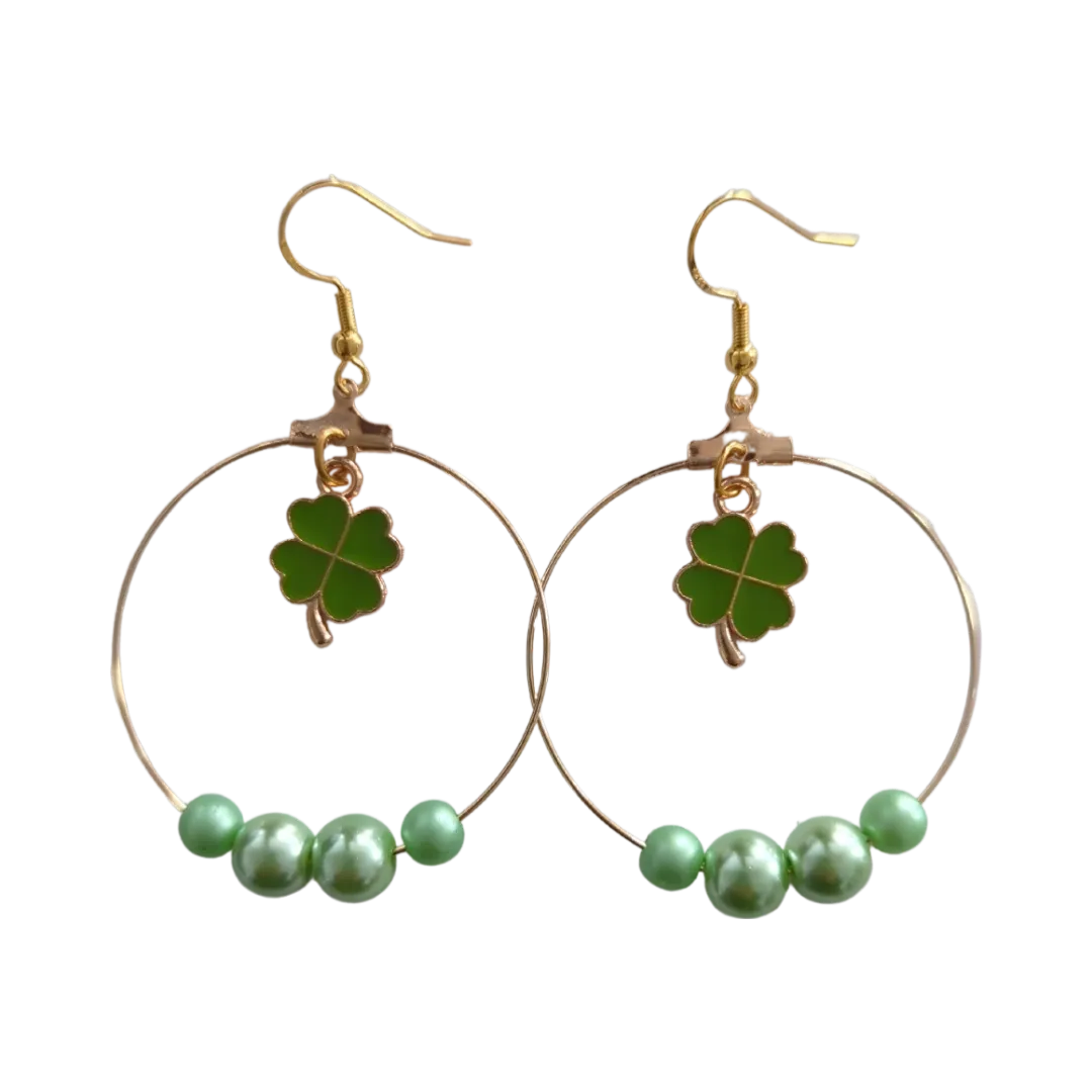 Earrings - Hoops with four leaf clover and green beads on gold hook