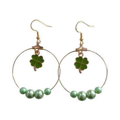 Earrings - Hoops with four leaf clover and green beads on gold hook