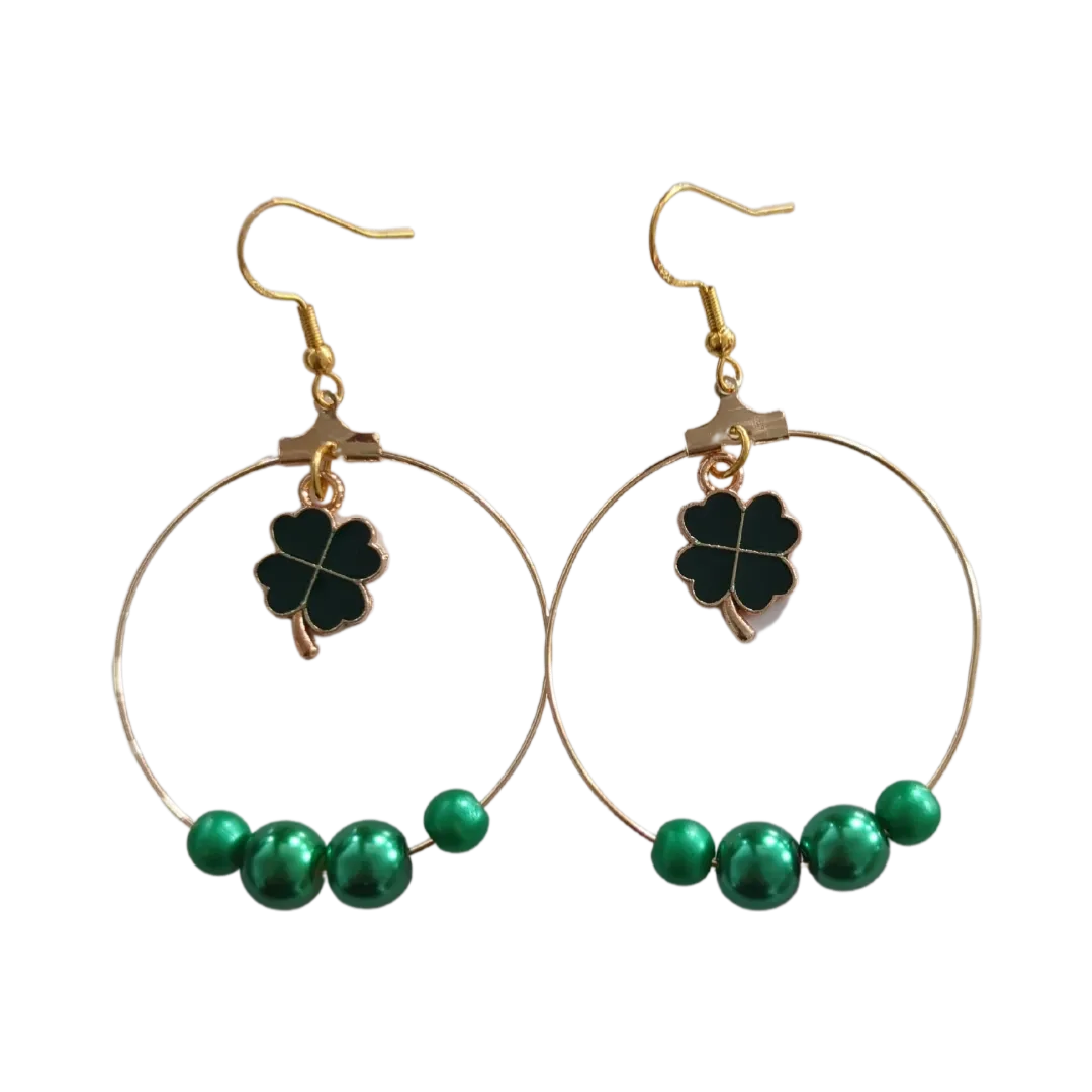 Earrings - Hoops with four leaf clover and green beads on gold hook