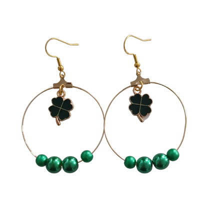 Earrings - Hoops with four leaf clover and green beads on gold hook