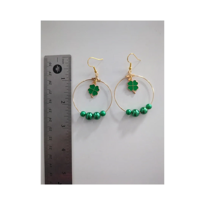 Earrings - Hoops with four leaf clover and green beads on gold hook