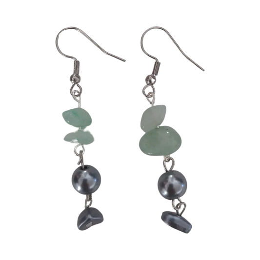 Earrings - Light green crystal bead and silver grey bead on silver hook