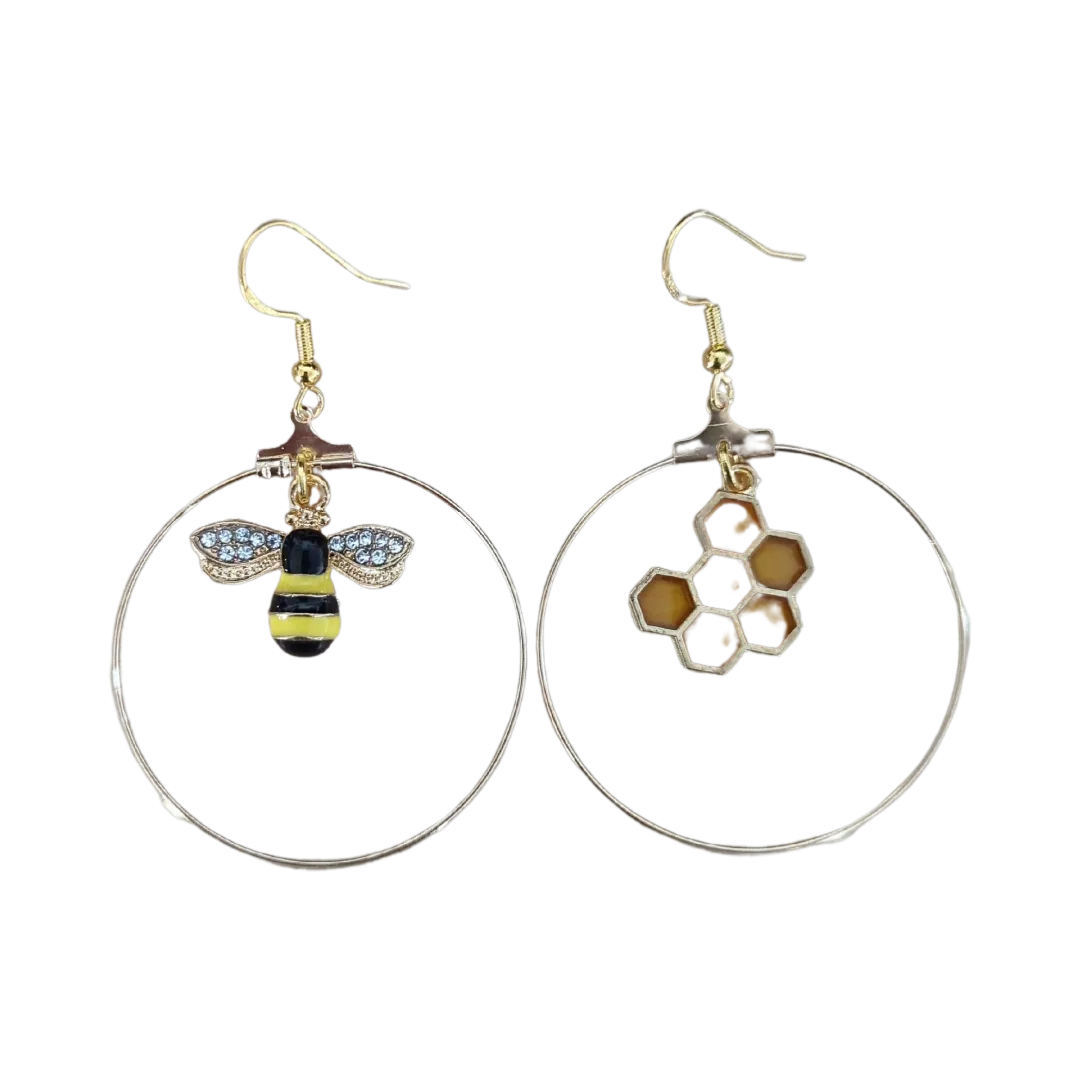 Earrings - Mismatch Alloy Enamel Honeycomb and Rhinestone Bee charm hoop on gold hook