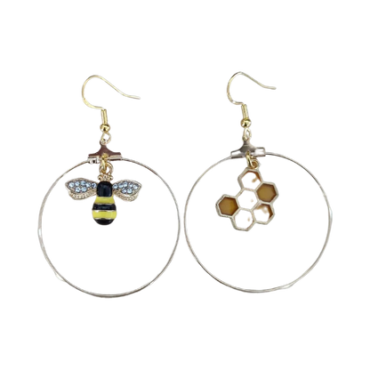 Earrings - Mismatch Alloy Enamel Honeycomb and Rhinestone Bee charm hoop on gold hook