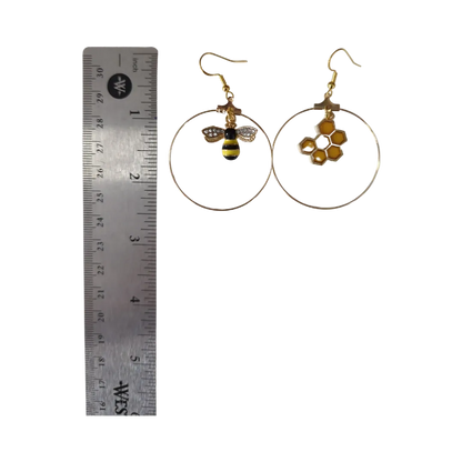 Earrings - Mismatch Alloy Enamel Honeycomb and Rhinestone Bee charm hoop on gold hook