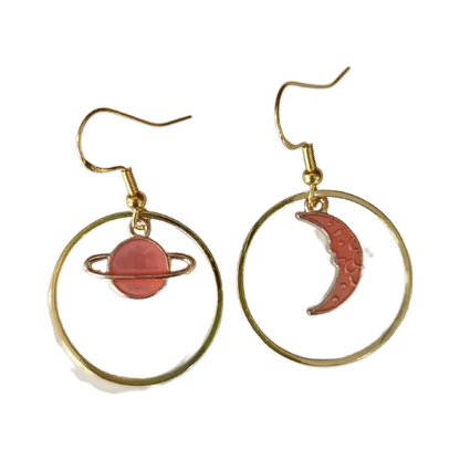 Earrings - Mismatch orange charm with gold circle on gold hook