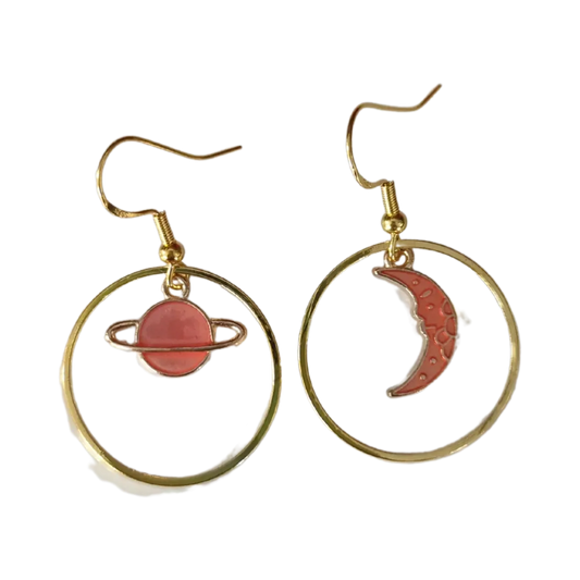 Earrings - Mismatch orange charm with gold circle on gold hook